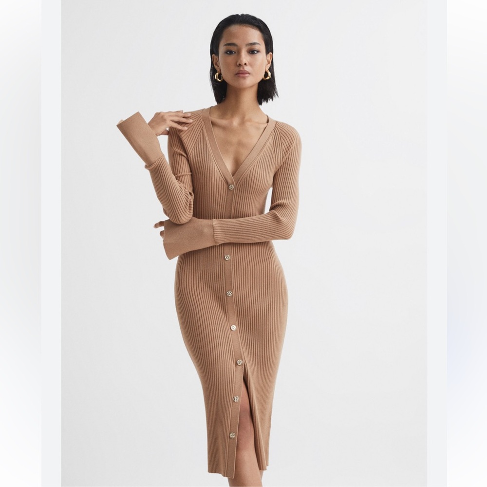 REISS ‘Avery’ Rib-Knitted Midi Dress In Camel